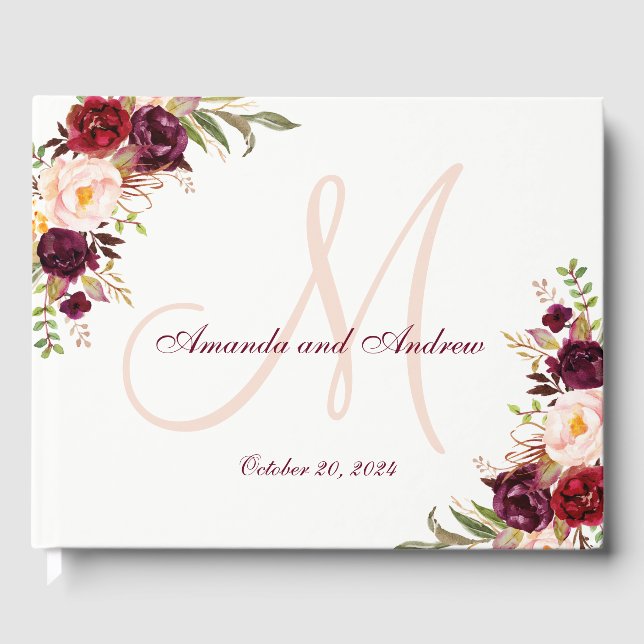 Burgundy Floral Chic Grey Monogram Photo Wedding Guest Book (Front)