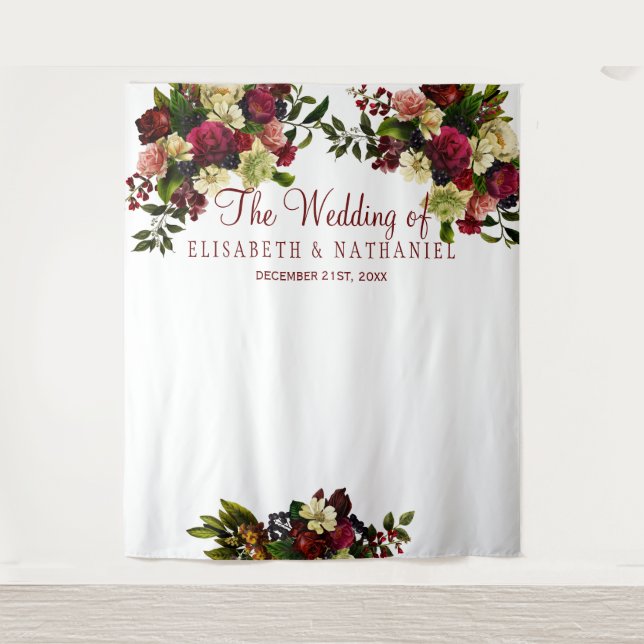 Burgundy floral chic wedding photo booth backdrop tapestry (Front)