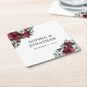 Burgundy Floral Christmas Theme Winter Wedding Square Paper Coaster