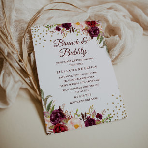 Burgundy Floral Confetti Brunch and Bubbly Shower Invitation