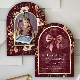 Burgundy Floral Coquette Bow Arch First Birthday Invitation