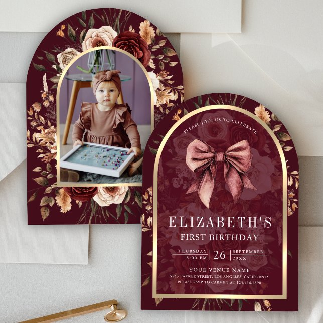 Burgundy Floral Coquette Bow Arch First Birthday Invitation (Creator Uploaded)