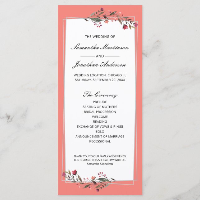 Burgundy Floral Coral | Grey Geometric Wedding Program (Front)
