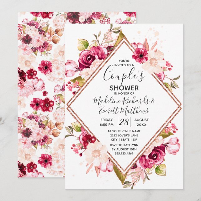 Burgundy Floral Couple's Wedding Shower Invitation (Front/Back)