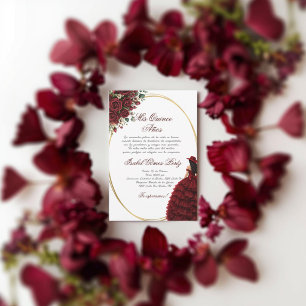 Burgundy floral cowgirl Quinceanera Spanish Invitation