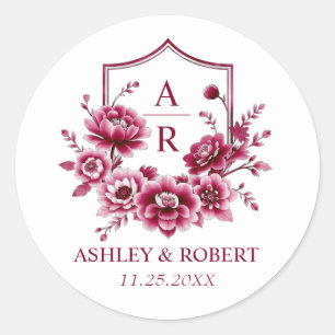 Burgundy floral crest and initials wedding classic round sticker