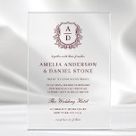 Burgundy Floral Crest Monogram Wedding Acrylic Invitations<br><div class="desc">Capture the essence of sophistication with a formal floral crest monogram wedding design. This elegant blend of timeless floral motifs and a personalised monogram crest adds a touch of refinement to your wedding décor and stationery. Ideal for couples seeking a classic yet distinguished style, the design enhances the overall atmosphere...</div>
