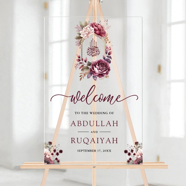 Burgundy Floral Crest  Muslim Wedding Welcome Acrylic Sign (Creator Uploaded)