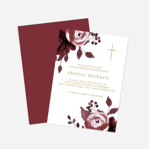 Burgundy Floral Cross Baptism Invitation