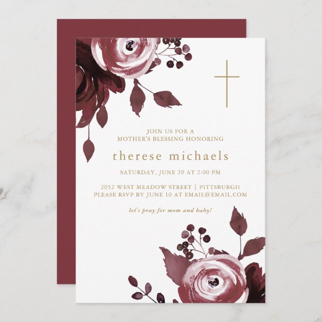 Burgundy Floral Cross Christian Mother's Blessing Invitation (Front/Back)