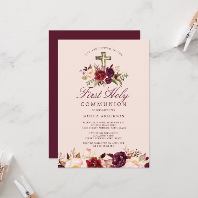 Burgundy Floral Cross Girls First Communion  Invitation (Front/Back In Situ)