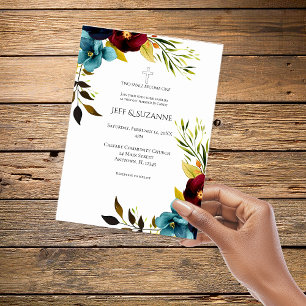 Burgundy Floral Cross Two Become One Wedding Invitation
