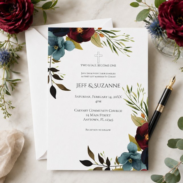 Burgundy Floral Cross Two Become One Wedding Invitation (Creator Uploaded)