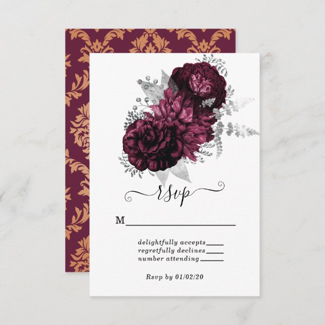 Burgundy Floral & Damask Wedding RSVP Card (Front/Back)