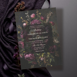Burgundy Floral Dark Romantic Moody Black Wedding Invitation
