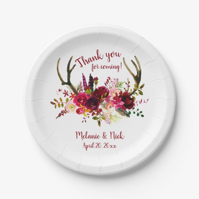 Burgundy floral deer antlers wedding decor paper plate (Front)