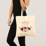 Burgundy Floral Destination Wedding Welcome Tote Bag<br><div class="desc">Elegant and sweet watercolor burgundy wine purple pink roses bouquet with modern calligraphy and classic typography for destination wedding tote bag.</div>