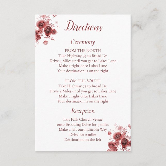 Burgundy Floral directions Enclosure Card (Front)