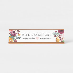 Burgundy Floral Distance Learning Teacher Gift Desk Name Plate