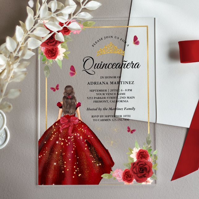 Burgundy Floral Dress Butterfly Quinceanera  Acrylic Invitations (Creator Uploaded)