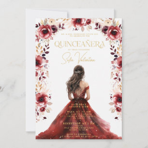 Burgundy Floral Dress Gown Floral Quinceañera Invitation
