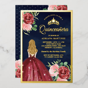 Burgundy Floral Dress Navy Blue Quinceanera Gold