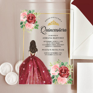 Burgundy Floral Dress Princess Gold Quinceanera Acrylic Invitations