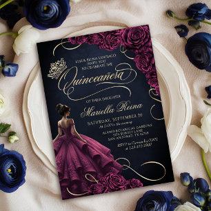 Burgundy Floral Dress Quinceañera Invitation