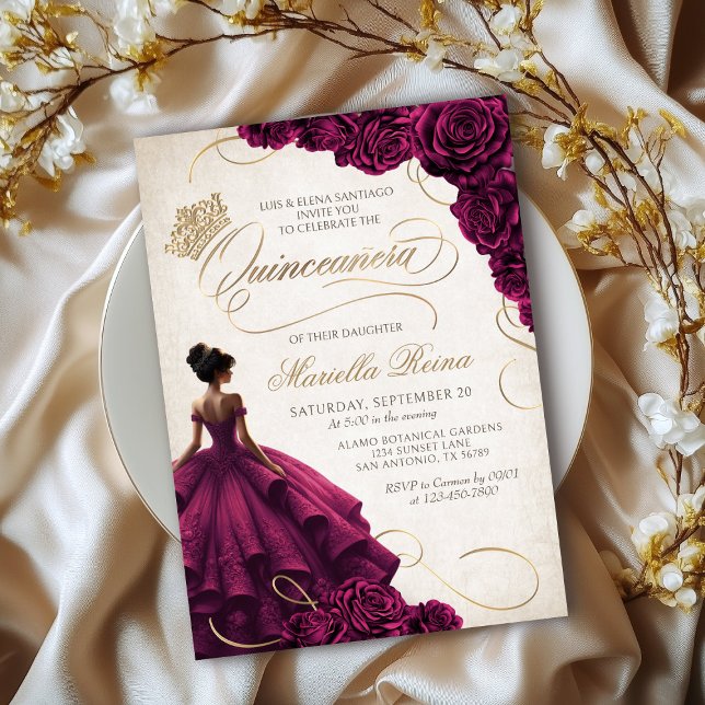 Burgundy Floral Dress Quinceañera Invitation (Creator Uploaded)