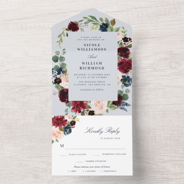 burgundy floral dusty blue wedding all in one invitation (Inside)