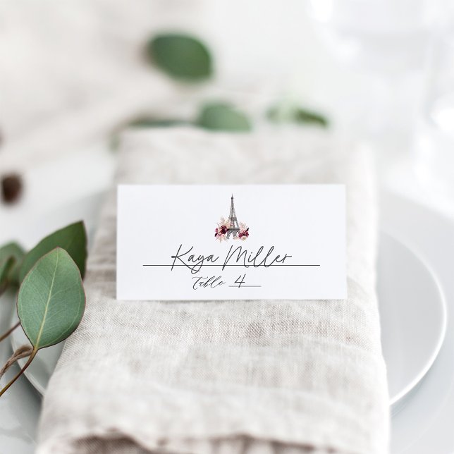 Burgundy Floral Eiffel Tower Place Card (Creator Uploaded)