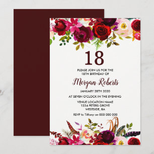 Burgundy Floral Elegant 18th Birthday Party Invite