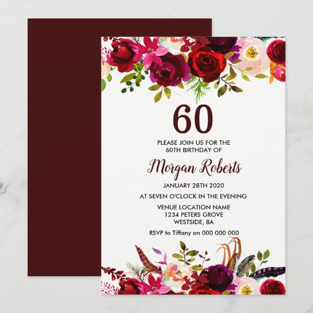 Burgundy Floral Elegant 60th Birthday Party Invite (Front/Back)