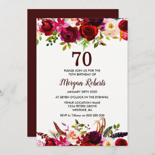 Burgundy Floral Elegant 70th Birthday Party Invite