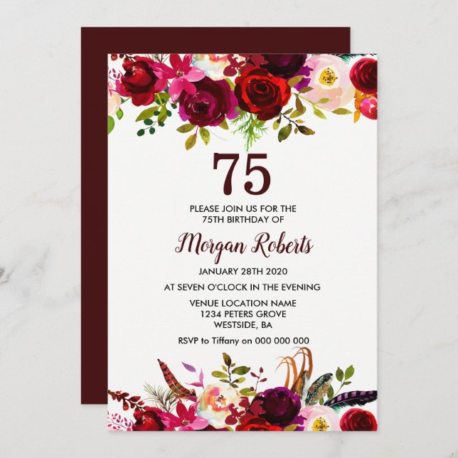 Burgundy Floral Elegant 75th Birthday Party Invite (Front/Back)