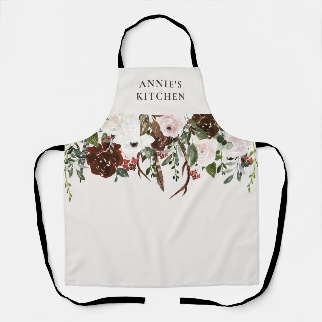 Burgundy floral elegant antler botanical  apron (Front)