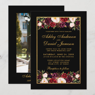 Burgundy Floral Elegant Black Gold Photo Wedding Invitation