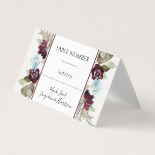 Burgundy Floral Elegant Blue Foliage Placecards Business Card