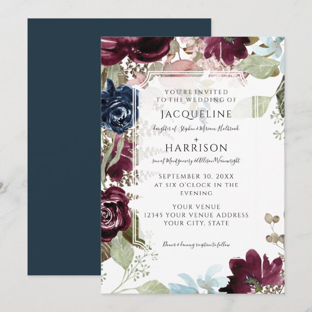 Burgundy Floral Elegant Blush Fall Foliage Wedding Invitation (Front/Back)