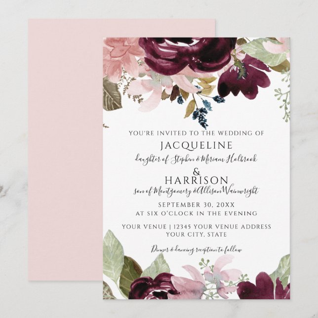 Burgundy Floral Elegant Blush Leaf Foliage Wedding Invitation (Front/Back)