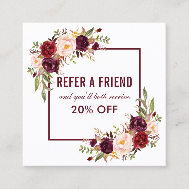 Burgundy Floral Elegant Framed Referral Square Business Card (Front)