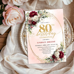 Burgundy Floral Elegant Gold 80th Birthday Invite