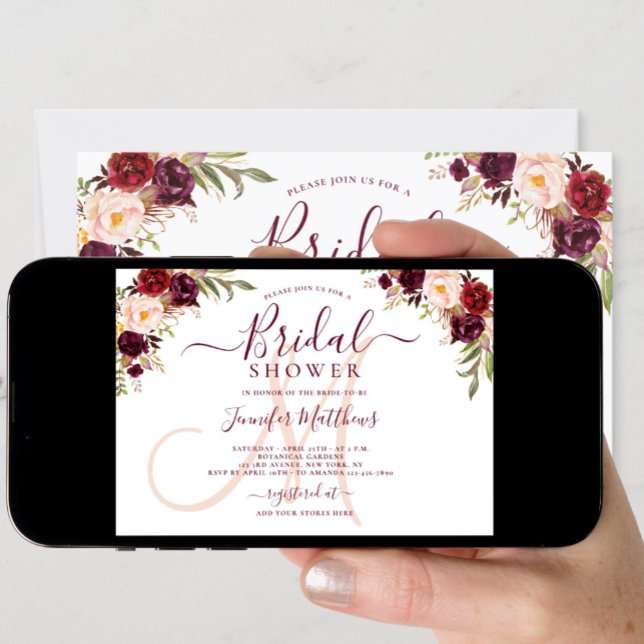 Burgundy Floral Elegant Monogram Bridal Shower Invitation (Creator Uploaded)