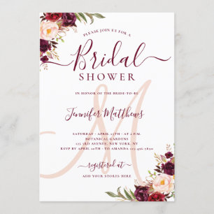 Burgundy Floral Elegant Monogram Bridal Shower Invitation