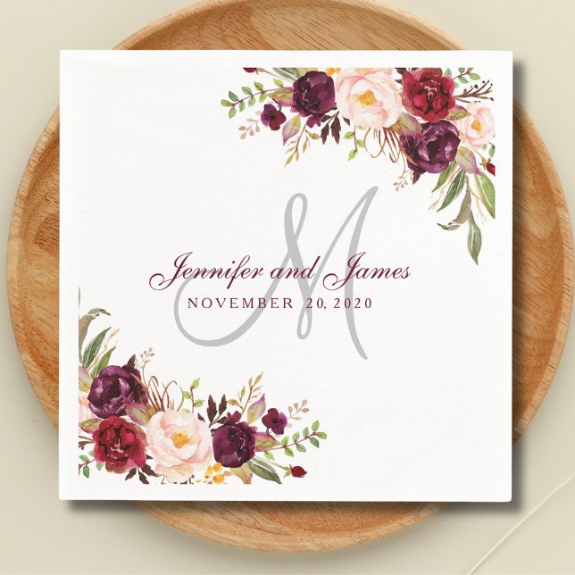 Burgundy Floral Elegant Monogram Rustic Wedding Napkin (Creator Uploaded)