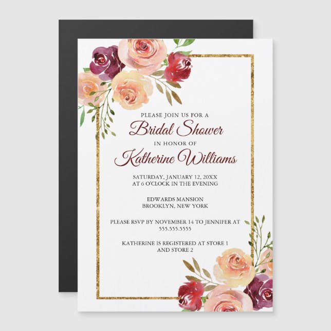 Burgundy Floral Elegant Peony Gold Bridal Shower Magnetic Invitation (Front/Back)