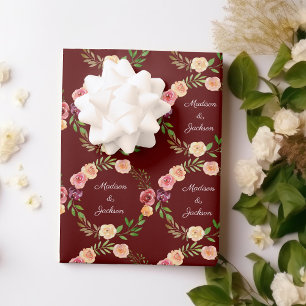 Burgundy Floral Elegant Peony Monogram Wedding Wrapping Paper Sheet