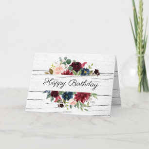 Burgundy Floral Elegant Rustic Watercolor Birthday Card