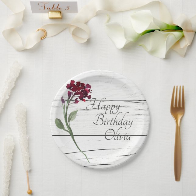 Burgundy Floral Elegant Rustic Watercolor Birthday Paper Plate (Wedding)