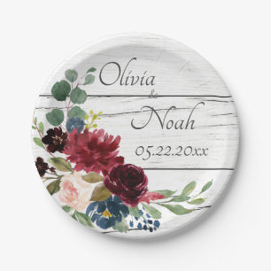Burgundy Floral Elegant Rustic Watercolor Pretty Paper Plate